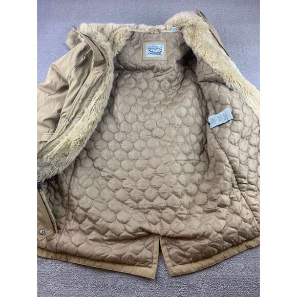 Levi’s Hooded Parka Jacket Women L Tan Faux Fur Trim Quilted Lining Drawcord - Picture 3 of 13
